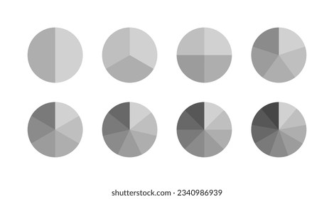 Monochrome ring section template. Circular structure graph. Piechart with segments and slices in shades of gray colors. Circle chart. Pie diagram. Set schemes with sectors. Vector illustration