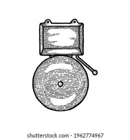 Monochrome ringing alarm fire alarm system signal device isolated on white, vintage vector illustration. Prevention, emergency, warning signaling. Firefighter equipment signalization