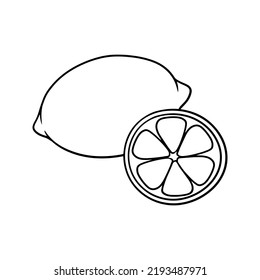 Limón monocromo maduro, trozo redondo de limón, ingredientes de cocina, ilustración vectorial en estilo de dibujos animados sobre fondo blanco
