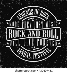 Monochrome Rock and Roll music print, hipster vintage label, t-shirt graphic design, lettering artwork, vector