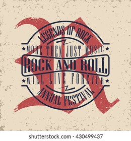 Monochrome Rock and Roll music print, hipster vintage label, t-shirt graphic design, lettering artwork, vector