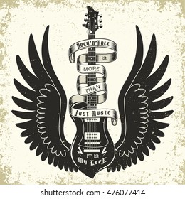 Monochrome Rock and Roll music print, hipster vintage label, t-shirt graphic design, lettering artwork, vector