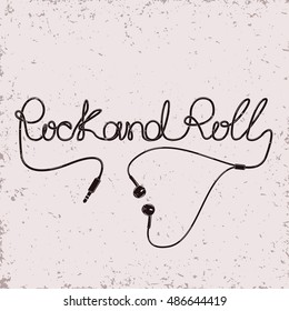 Monochrome Rock and Roll music print, hipster vintage label, t-shirt graphic design, lettering artwork with headphone cable, vector