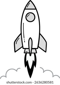 Monochrome Rocket Ship Blasting Off into Space