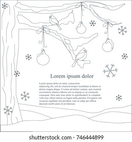 Monochrome romantic background with Christmas tree, falling snowflakes, red cardinals, balls, Lorem ipsum