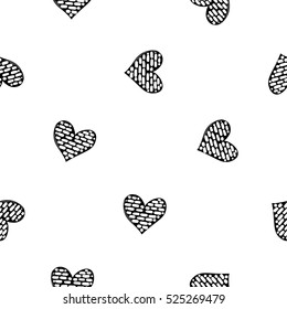 Monochrome romantic seamless pattern with brick-heart. Symbols of love, relationships and valentine day. Lovely repeatable black and white vector background.