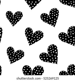 Monochrome romantic seamless pattern with heart with dots. Symbols of love, relationships and valentine day. Lovely repeatable black and white vector background.