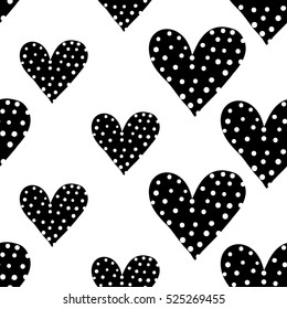 Monochrome romantic seamless pattern with heart with dots. Symbols of love, relationships and valentine day. Lovely repeatable black and white vector background.