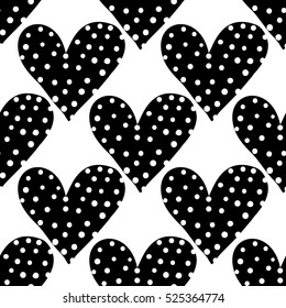 Monochrome romantic seamless pattern with heart with dots. Symbols of love, relationships and valentine day. Lovely repeatable black and white vector background.