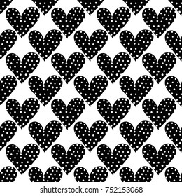 Monochrome romantic seamless pattern with heart with dots. Symbols of love, relationships and valentine day. Lovely repeatable black and white vector background.