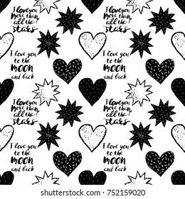 Monochrome romantic seamless pattern hearts and stars.