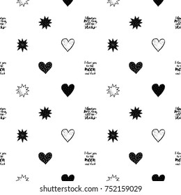 Monochrome romantic seamless pattern hearts and stars.