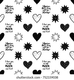 Monochrome romantic seamless pattern hearts and stars.