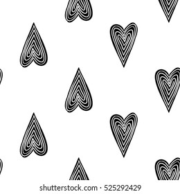 Monochrome romantic seamless pattern with line heart. Symbols of love, relationships and valentine day. Lovely repeatable black and white vector background.
