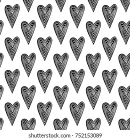 Monochrome romantic seamless pattern with line heart. Symbols of love, relationships and valentine day. Lovely repeatable black and white vector background.