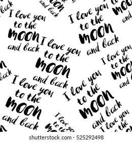 Monochrome romantic seamless pattern with I love you to the moon and back inscription. Symbols of love, relationships and valentine day. Lovely repeatable black and white vector background.