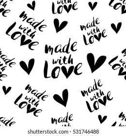 Monochrome romantic seamless pattern with made with love inscription. Symbols of love, relationships and valentine day. Lovely repeatable black and white vector background.