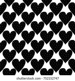 Monochrome romantic seamless pattern with polka-dot heart. Symbols of love, relationships and valentine day. Lovely repeatable black and white vector background.