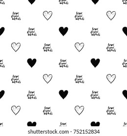 Monochrome romantic seamless pattern with polka-dot heart, shine heart, love beyond words lettering. Lovely repeatable black and white vector background.