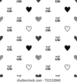 Monochrome romantic seamless pattern with polka-dot heart, shine heart, stitched heart, brick-heart, made with love. Lovely repeatable black and white vector background.