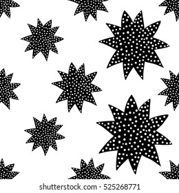 Monochrome romantic seamless pattern with star filled dots. Symbols of love, relationships and valentine day. Lovely repeatable black and white vector background.