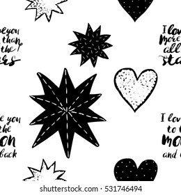 Monochrome romantic seamless pattern with stars, hearts and inscriptions. Symbols of love, relationships and valentine day. Lovely repeatable black and white vector background.