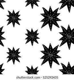 Monochrome romantic seamless pattern with stitched star. Symbols of love, relationships and valentine day. Lovely repeatable black and white vector background.