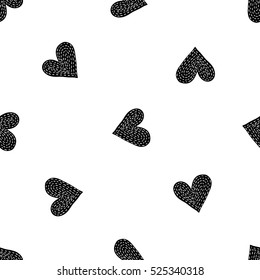 Monochrome romantic seamless pattern with stitched heart. Symbols of love, relationships and valentine day. Lovely repeatable black and white vector background.