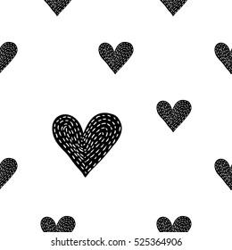 Monochrome romantic seamless pattern with stitched heart. Symbols of love, relationships and valentine day. Lovely repeatable black and white vector background.