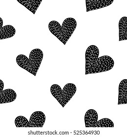 Monochrome romantic seamless pattern and stitched heart  Symbols love  relationships   valentine day  Lovely repeatable black   white vector background 