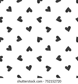Monochrome romantic seamless pattern with stitched heart. Symbols of love, relationships and valentine day. Lovely repeatable black and white vector background.