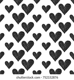 Monochrome romantic seamless pattern with stitched heart. Symbols of love, relationships and valentine day. Lovely repeatable black and white vector background.