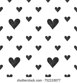 Monochrome romantic seamless pattern with stitched heart. Symbols of love, relationships and valentine day. Lovely repeatable black and white vector background.