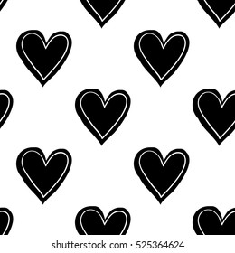 Monochrome romantic seamless pattern with stroked heart. Symbols of love, relationships and valentine day. Lovely repeatable black and white vector background.