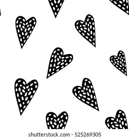 Monochrome romantic seamless pattern with thin heart. Symbols of love, relationships and valentine day. Lovely repeatable black and white vector background.