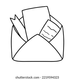 Monochrome Romantic Vintage open Envelope, letter, cartoon-style vector illustration on White background