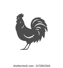 Monochrome rooster black silhouette vintage icon vector illustration. Cockerel feather farm bird countryside livestock poultry mascot. Fowl with wings beak standing on paws. Organic agriculture market