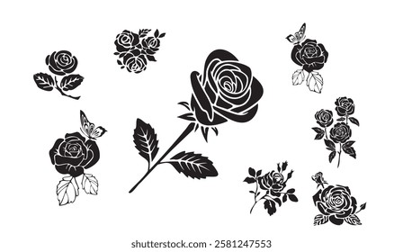 A Monochrome Rose Garden, An Assortment of Black Silhouette Rose Illustrations with Delicate Leaves and Fluttering Butterfly Accents Against a Pure White Background