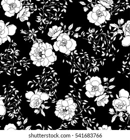 Monochrome roses flower pattern on a black background. Vector.
