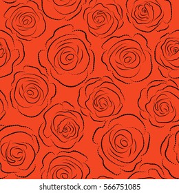 Monochrome roses isolated on a orange background. Vector floral seamless pattern.