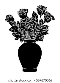 Monochrome roses in a vase. Isolated on white background. Vector illustration.