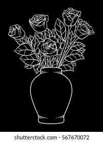 Monochrome roses in a vase. Isolated on black background. Vector illustration.