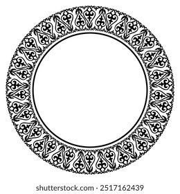 Monochrome round ethnic frame of the peoples of Central Asia. Traditional ornament of Asian nomads: Mongols, Kazakhs, Kirghiz, Bashkirs, Tatars. For dishes, textiles, embroidery, felt, sandblasting