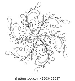 Monochrome round floral ornament coloring page. Black and white mandala vector illustration. Ornamental round decor. Thin branches with flowers and leaves. Elegant design of swirls and curved lines.
