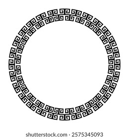 Monochrome round frame for design with Chinese ornament, meander. Round frame with greek motifs. Circle frame. For card, invitation, textile, engraving, wooden carving, embroidery, porcelain