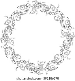 Monochrome round frame with leaves and branches. Vector illustration for card, invitations or congratulations with space for your text