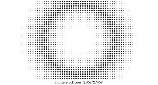 Schwarzweiß, runder Farbverlauf, Rasterpunkte, Hintergrund. Abstrakte reguläre Pop-Art-Punkte auf weißem Hintergrund