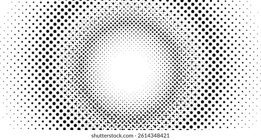 Monochrome round gradient halftone dots background. Vector illustration. Abstract regular pop art dots on white background