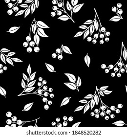 Monochrome rowan berry tree fruits and leaves seamless pattern. Repeatable vector background with white silhouette retro style flat autumn botanical shapes on dark background.