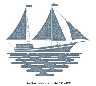 Monochrome sailing ship on a white background. Sailfish with red sail on the waves of the 
sea. Flat style. Color illustration of sea sailing ship on the water. Stock vector